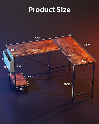 L Shaped Desk - 50" Reversible Home Office Computer Desk, Wood Top, Metal Frame, Side Bag, Sturdy Gaming Desk Corner Table for Work, Writing and Study, Space-Saving