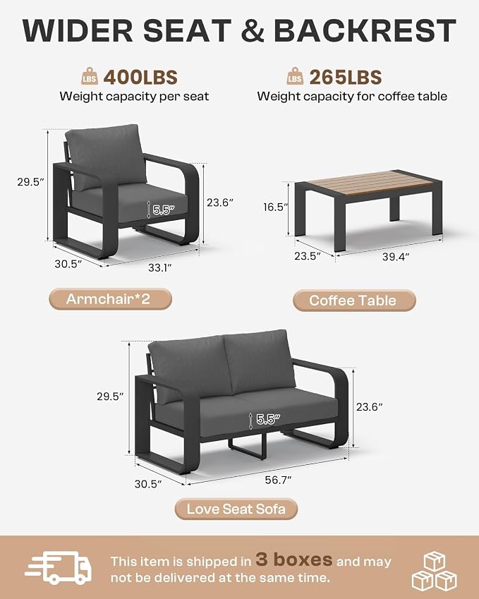 Aluminum Outdoor Sofa Bistro Set, Oversized Patio Conversation Sets Widened Armrest & Ultra-Thick Cushions, Deep Seating Patio Furniture Set for Backyard, Deck, Graphite