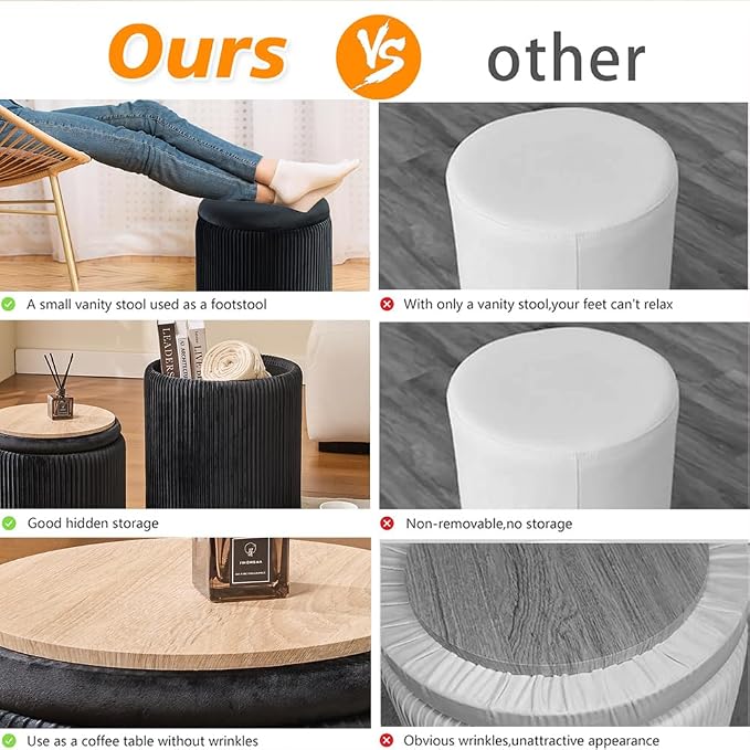 BLEXA Round Set of 2 Ottoman with Storage - Upholstered Velvet Vanity Stool for Makeup Multifunctional Ottomans Coffee Table Padded Seat Foot Rest for Living Room & Bedroom (Black)