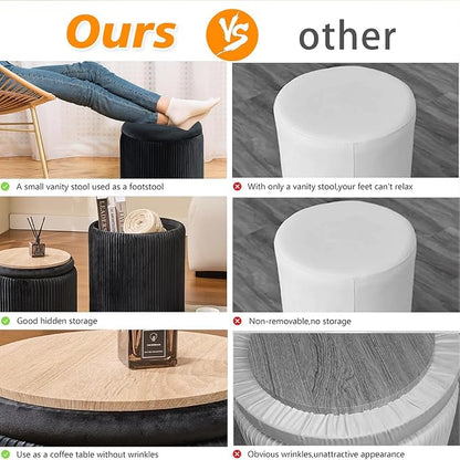 BLEXA Round Set of 2 Ottoman with Storage - Upholstered Velvet Vanity Stool for Makeup Multifunctional Ottomans Coffee Table Padded Seat Foot Rest for Living Room & Bedroom (Black)