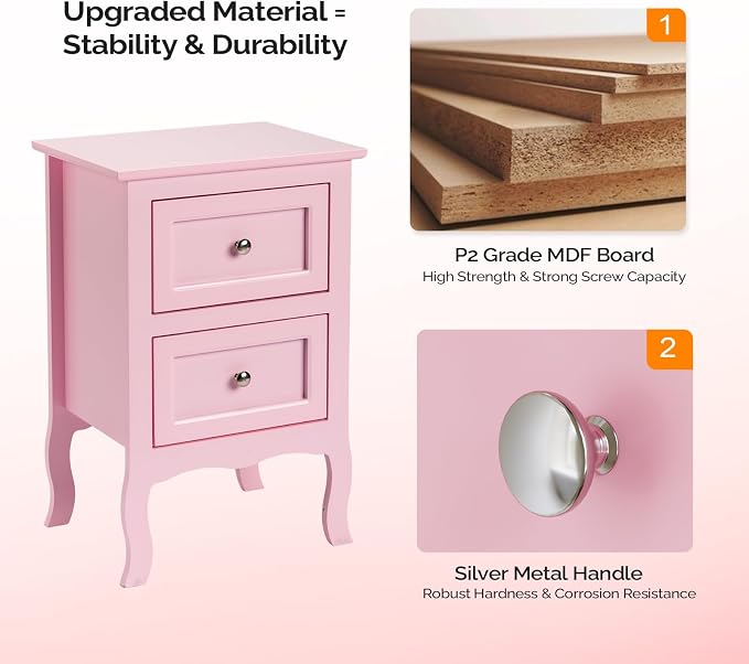 Bonnlo Nightstand Set of 2, Nightstands with 2 Drawers, Bed Side Table/Night Stand, Pink Nightstand, Small Nightstand for Bedroom, College Dorm, Kids’ Room, Living Room, Wood, 16W x 12D x 24H