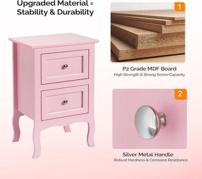 Bonnlo Nightstand Set of 2, Nightstands with 2 Drawers, Bed Side Table/Night Stand, Pink Nightstand, Small Nightstand for Bedroom, College Dorm, Kids’ Room, Living Room, Wood, 16W x 12D x 24H