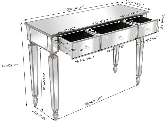 VINGLI Mirrored Vanity Desk with 3 Drawers, Modern Console/Sofa/Makeup Desk for Bedroom/Living Room/Entryway, Silver