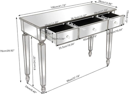 VINGLI Mirrored Vanity Desk with 3 Drawers, Modern Console/Sofa/Makeup Desk for Bedroom/Living Room/Entryway, Silver