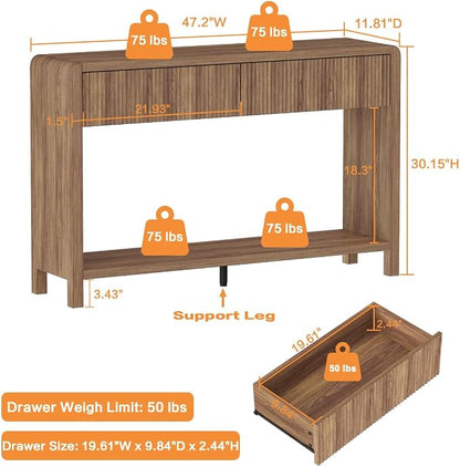 FATORRI Console Sofa Table for Entryway, 47.2 inch Wood Foyer Tables for Living Room, Farmhouse Couch Table behinde Sofa with 2 Drawers for Hallway Storage (Walnut)