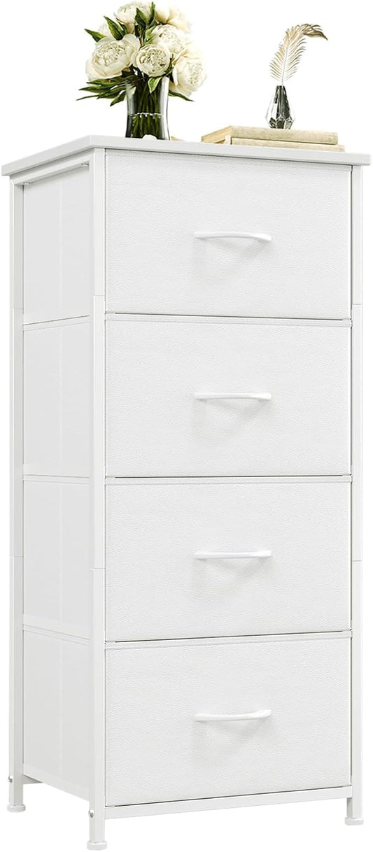 Somdot Dresser for Bedroom with 4 Drawers, Storage Organizer Chest of Drawers with Removable Fabric Bins for Closet Bedside Living Room Laundry Entryway Hallway, White Leather