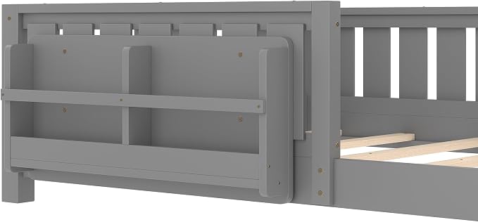 Bellemave Gray Montessori Floor Bed with Fence and Slats, Full Size Montessori Floor Bed with Bookcase and High Rails, Easy Assemble Bed Frame for Girls, Boys, Full