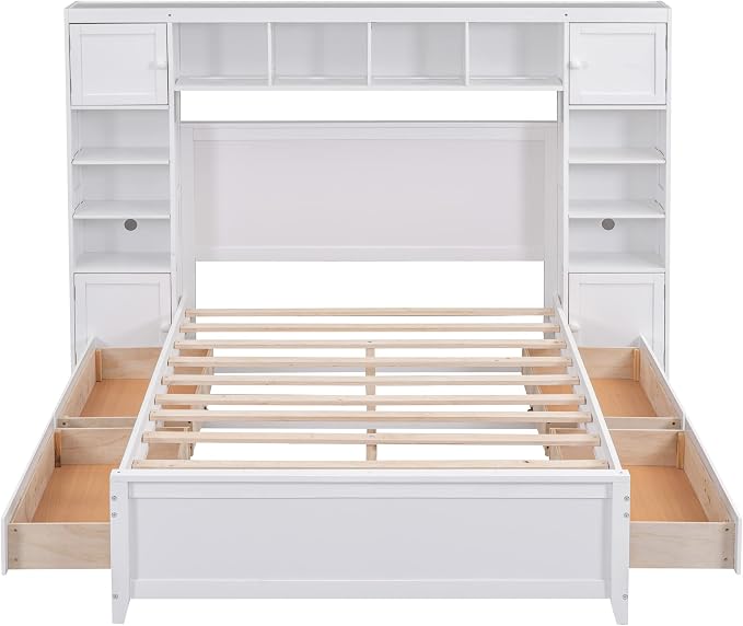 Merax Full Size Wooden Bed with All-in-One Cabinet and Shelf, White Bed Frame with 4 Storage Drawers