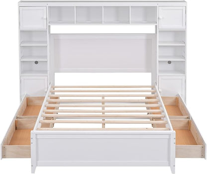 Merax Full Size Wooden Bed with All-in-One Cabinet and Shelf, White Bed Frame with 4 Storage Drawers
