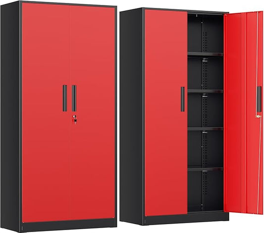INTERGRAET Metal Storage Cabinet with Adjustable Shelves, Garage Storage Cabinets with Doors and Shelves, File Cabinets for Home Office, Kitchen Pantry Cabinet, 72''H, Black Red
