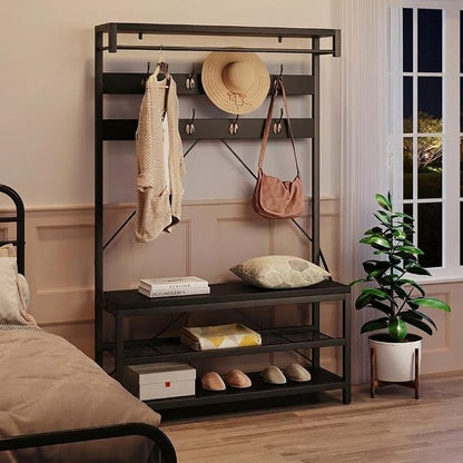 Hall Tree with Bench and Shoe Storage, Entryway Bench with Coat Rack, 3-in-1 Mudroom Organizer with 8 Hooks, Freestanding Industrial Storage Rack for Hallway, Black