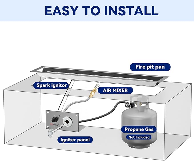 Skyflame 30 x 6 Inch Liner Fire Pit Pan Kit, Stainless Steel Drop-in Fire Pit Pan and Burner, Come with Spark Ignition and Propane Hose, Indoor/Outdoor Fire Table DIY Decorative