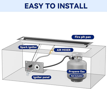 Skyflame 30 x 6 Inch Liner Fire Pit Pan Kit, Stainless Steel Drop-in Fire Pit Pan and Burner, Come with Spark Ignition and Propane Hose, Indoor/Outdoor Fire Table DIY Decorative
