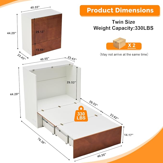 VINGLI Twin Murphy Bed with Storage Drawer,Rustic & Scandinavian Style Foldable Bed Cabinet with Charging Station,Hideaway Paltform Panel Bed for Small Spaces,Guest Room,Office,Apartment,Golden Brown