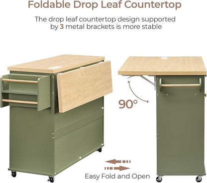 60.2" Kitchen Islands with Storage, Kitchen Island Cart with Trash Can Storage Cabinet, Rolling Kitchen Island Table with Drop Leaf & Power Outlet & Spice Rack & Towel Rack & Knife Holder, Green