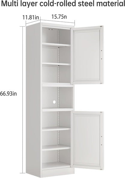 67" H Metal Tall Narrow Storage Cabinet, Freestanding Floor Cabinet with 2 Doors and Adjustable Shelves, Pantry Storage Cabinets for Bathroom, Living Room, Entryway and Kitchen