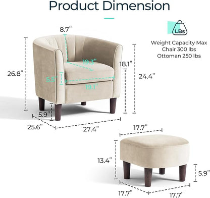 LINSY Accent Chair Set of 2, Velvet Barrel Chair with Ottoman, Modern Comfy Small Armchair for Small Spaces Reading Room Living Room Bedroom Kids Room Office, Beige