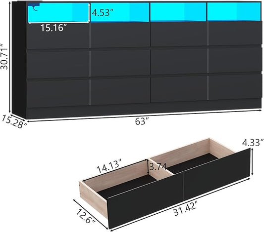 Gyfimoie 63" Wide 6-Drawer Black Dresser with Divided Compartments, Charging Station & LED Lights, TV Stand for TVs up to 75", Large Organizer with 4 Open Cubbies