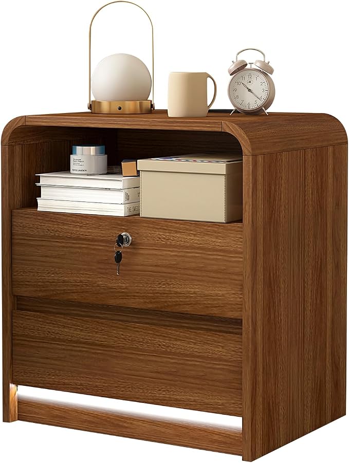 23.6" Walnut Nightstand Charging Station, Motion-Activated LED Light & Soft Close Lockable Drawer, Anti-Collision Mid Century Modern Bedside Table with 500 LB Capacity & Hidden Storage