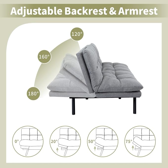 Vipbear 71" Futon Sofa Bed - Convertible Sofa Beds/Adjustable Backrest & Armrest,Detachable Cushion, Loveseat Sleeper for Small Spaces, Apartments & Offices, Silver Grey Futons