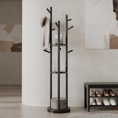 Muwuele Solid Wood Rotary Coat Rack, Freestanding Coat Rack with 3 Shelves and 9 Hooks, Coat tree for Bedroom, Entryway, Livingroom, Coat Hanger Stand for Coats, Scarves, Handbags (Black)