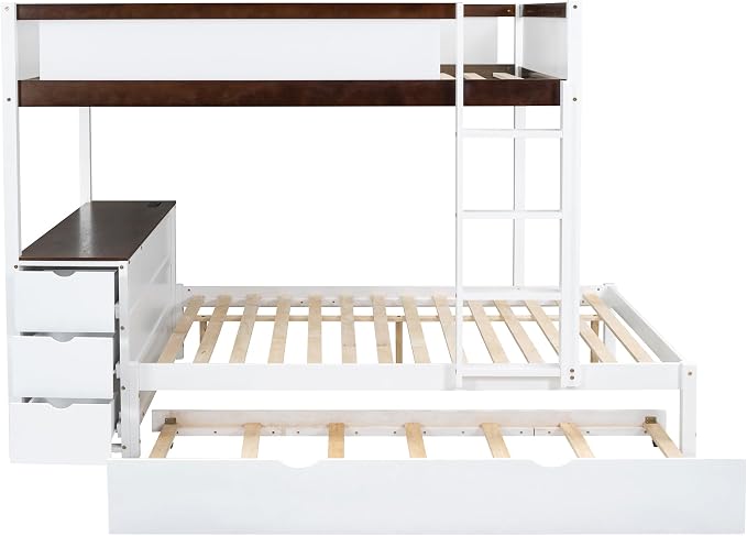 Harper & Bright Designs Full Over Full Bunk Bed Twin Size Trundle, Wood Full Bunk Bed with USB Ports, Storage and Desk, White+Walnut