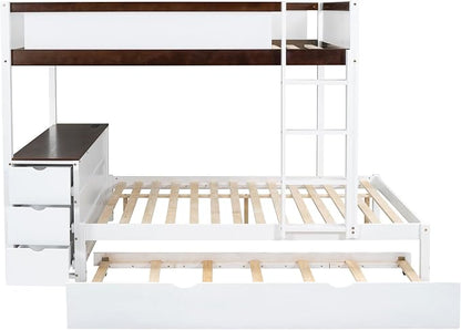 Harper & Bright Designs Full Over Full Bunk Bed Twin Size Trundle, Wood Full Bunk Bed with USB Ports, Storage and Desk, White+Walnut