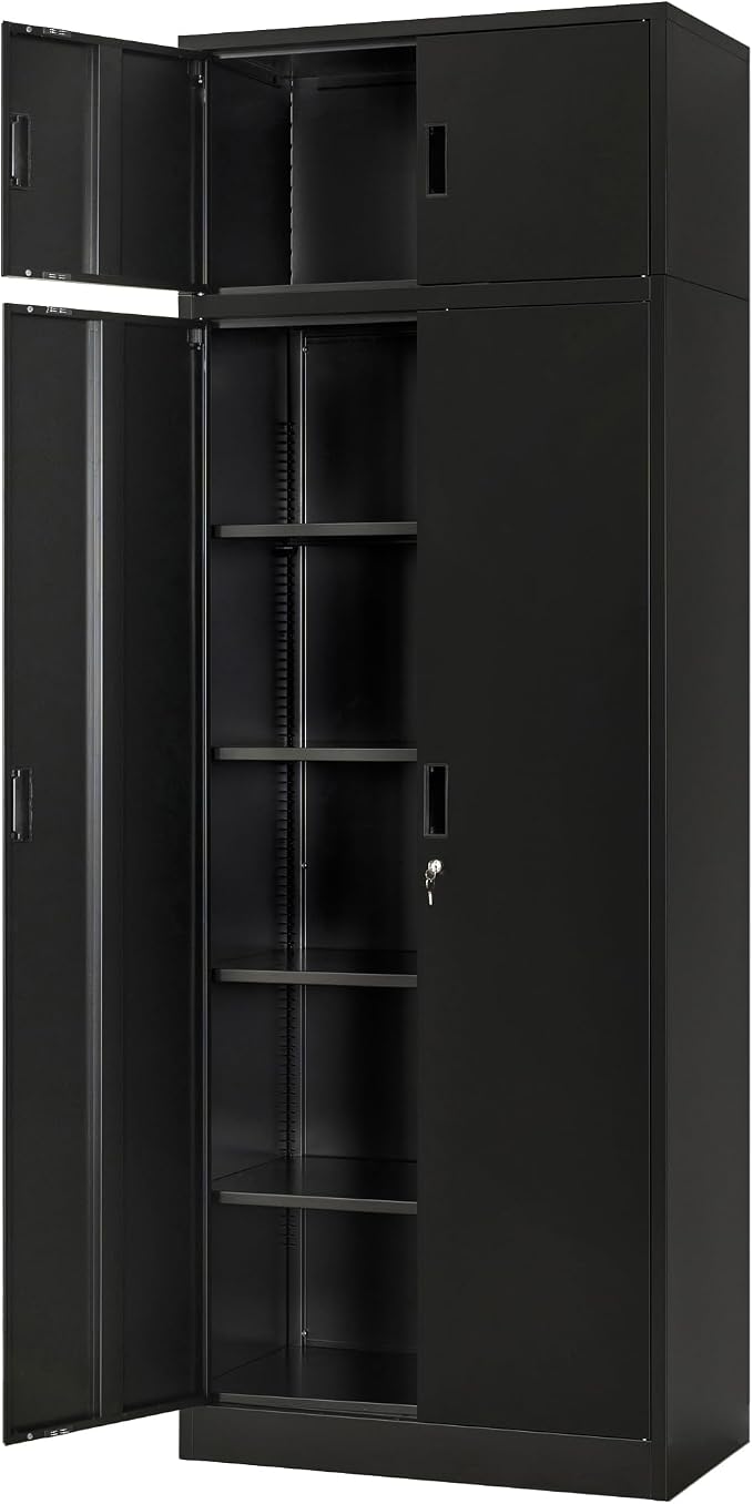 Wanfu Metal Storage Cabinet, 87" H x 32" W x 16" D Locking Storage Cabinets with 4 Adjustable Shelves and Top Cabinet for Office, Garage, Home-Black