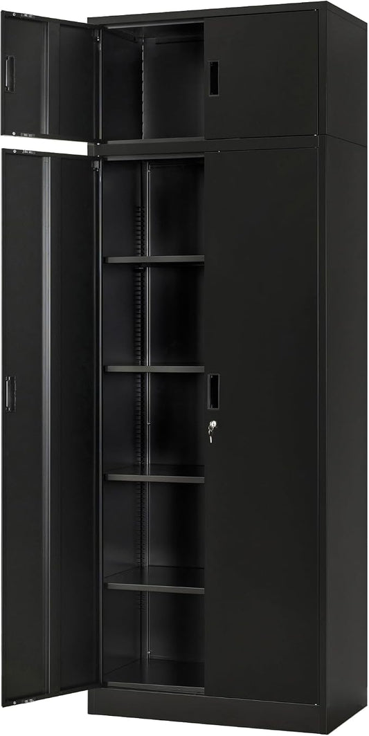 Wanfu Metal Storage Cabinet, 87" H x 32" W x 16" D Locking Storage Cabinets with 4 Adjustable Shelves and Top Cabinet for Office, Garage, Home-Black