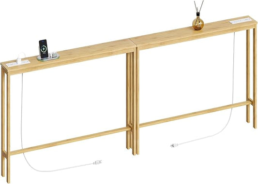 ELYKEN Bamboo Narrow Console Table with Charging Station, 2 Pack Slim Sofa Table Behind Couch, Entryway Table with Outlets for Living Room, Hallway, 5.9 x 39.4 x 31.1in, Natural