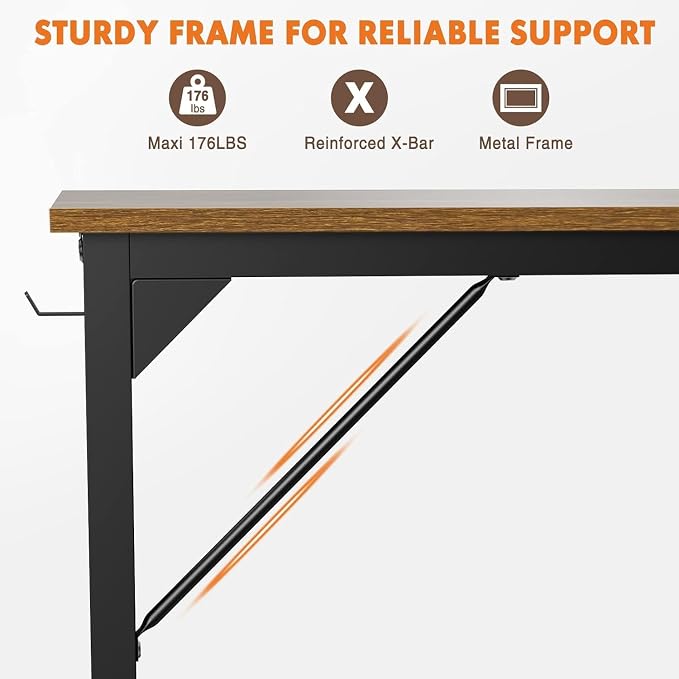 Sweetcrispy Computer Office Desk 55 Inch Student Study Writing Work with Metal Frame Wood Tabletop Modern Simple PC Home Bedroom Table, Rustic Brown, Compact Sturdy Desk for Laptop, Study, Gaming