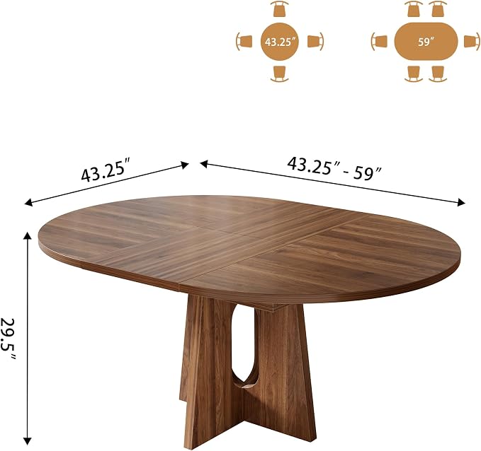 Epecoya 59-Inch Extendable Round to Oval Pedestal Dining Table, Farmhouse Wood Kitchen Table for 4-6 People, Space-Saving Expandable Dinner Table with Heavy Cross Base, Dark Brown Walnut