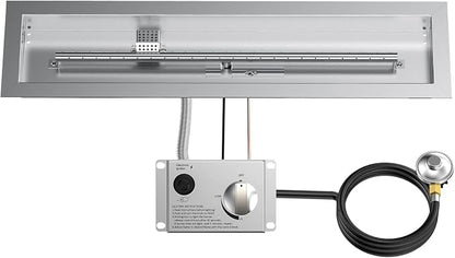 Skyflame 30" Linear Stainless Steel Fire Pit Drop-in Burner Kit with Flame Sensing, Electronic Spark Ignition, and Propane Regulator Hose Set