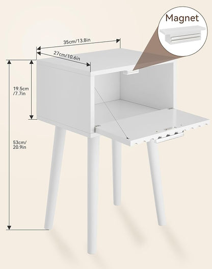 YMYNY Fluted Nightstand Set of 2, Small End Table, Modern Coffee Table with Drawer, Solid Wood Legs, Retaining Chain, 13.8" x 10.6" x 20.9", for Bedroom and Small Spaces, White UHST014W-2