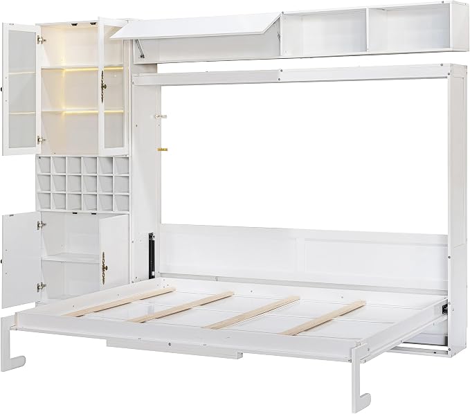 Queen Murphy Bed with Couch, Storage Shelves and USB, Folding Wall Bed | Stores bed and mattress together, with built-in light, 600 lbs capacity and 8-10 in mattress support for small spaces