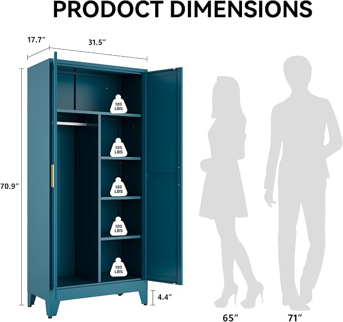 COFaR Peacock Blue Armoire Wardrobe, 71" Metal Closet with Reversible Hanging & Shelving Sections, Freestanding Storage Cabinet with Top Compartment & Adjustable Shelves