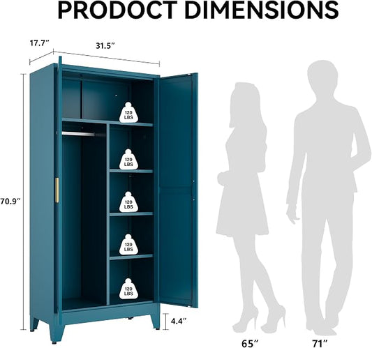 COFaR Peacock Blue Armoire Wardrobe, 71" Metal Closet with Reversible Hanging & Shelving Sections, Freestanding Storage Cabinet with Top Compartment & Adjustable Shelves