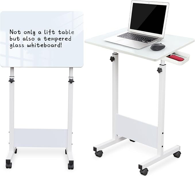 KOUPA Adjustable Height Standing Desk, 24 in Writable Tempered Glass Desktop with Eraser, 360° Flip, Wheels – Ideal for Small Spaces and Home Offices, White(Adjustable Height: 32-47 in)