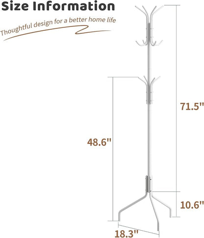 Coat Rack Freestanding Coat Tree Standing Hat Hanger Jacket Organizer Rack Metal,18.3" L x 18.3" W x 71.5" H,White