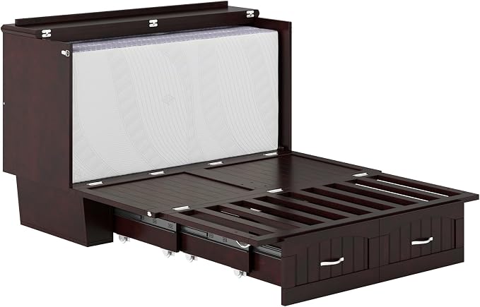 AFI, Nantucket Full Size Murphy Bed Chest with Mattress, Built-in Charging Station and Storage Drawer, Full, Espresso