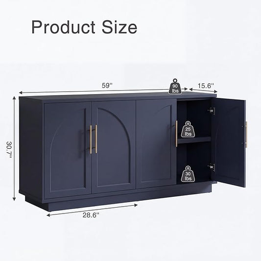 Fatmok 59" Sideboard Buffet Cabinet & TV Stand Set of 2, Modern Arched Credenza with Adjustable Shelves and Long Metal Handles, Wood Console Coffee Bar Storage for Living Room, Blue