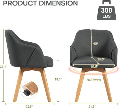 Swivel Dining Chairs Set of 4, Mid Century Modern Dining Chairs with Arms, Linen Fabric Upholstered Kitchen Dining Room Chairs with Solid Wood Legs for Living Room,360°Swivel Accent Desk Chair, Grey