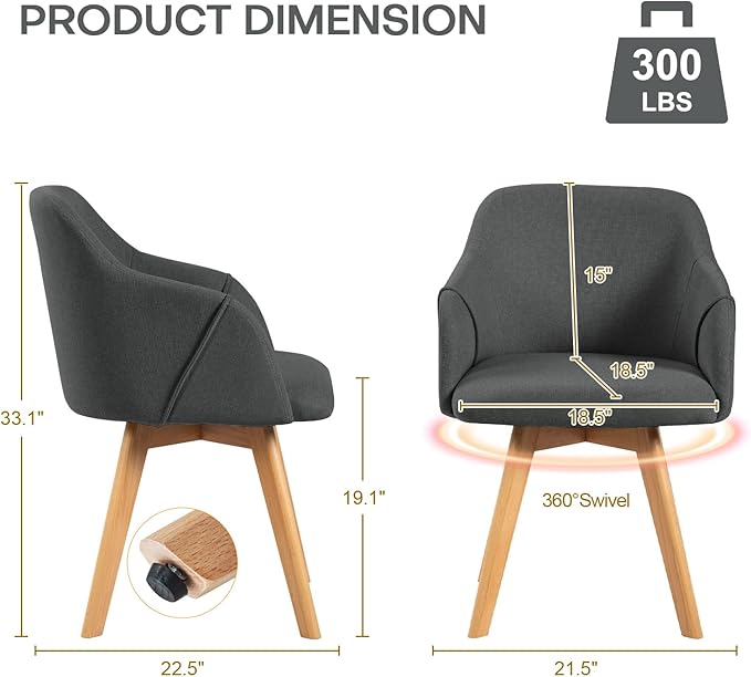 Swivel Dining Chairs Set of 2, Mid Century Modern Dining Chairs with Arms, Wood Legs, Linen Fabric Upholstered Kitchen Chairs for Dining Room Living Room, Comfortable Large Seat, Grey
