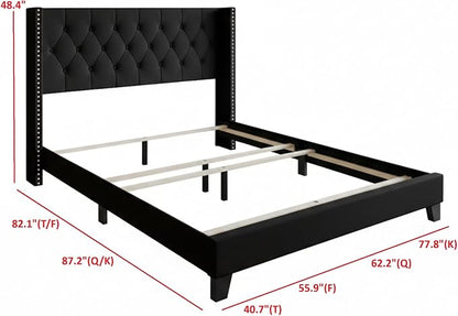 HOME DESIGN Homer King Tufted Wingback Upholstered Panel Bed with 2 Matching 1 Drawer Nightstands, Bedroom Furniture Set with Open Shelf Storage, Black Black