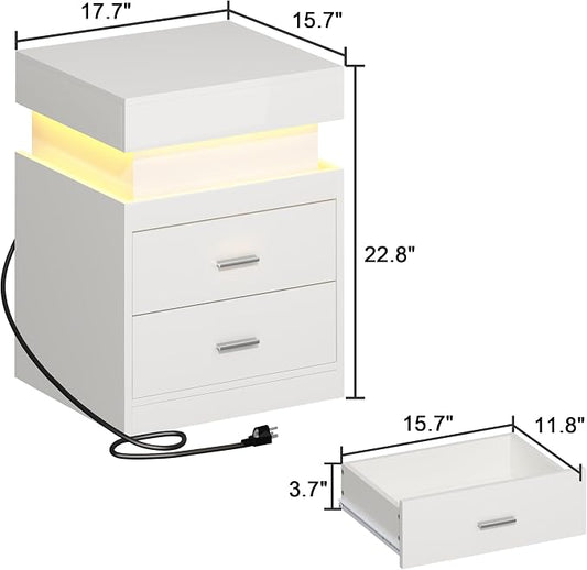 ChooChoo LED Nightstand with Charging Station, Smart Night Stand with Sliding Top Storage, 2-Drawers High Gloss Bedside Table, Modern End Table for Bedroom,White