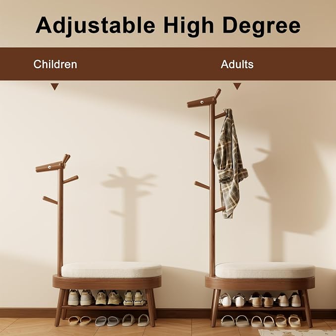 AQIMUELE Shoe Rack with Coat Rack, Wooden Shoe Bench with Upholstered Cushion, 3-in-1, 2-Tier Shoe Storage and Cute Animal Hooks for Entryway, Hallway, Closet (Walnut 32.2")