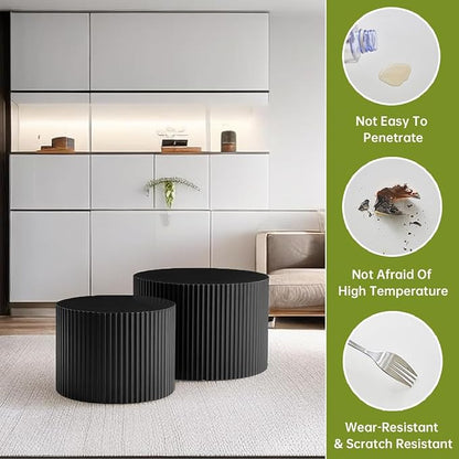 Round Nesting Coffee Table Modern Black Fluted Coffee Table Set of 2 Stripe Round Coffee Tables Circle Drum Coffee Tables Side Table Accent End Table for Living Room (Black Large)