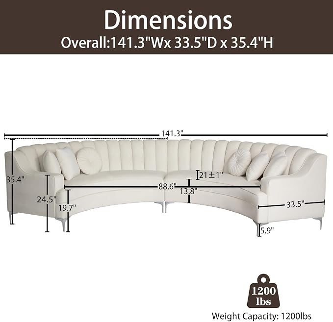 Legend Vansen Semicircle Modular Curved Velvet Sectional Sofa,141.34”Oversized Arc Sofa,Modern Cloud-Like Deep Seat Couch for Living Room Apartment Office Conference Space (1, Cream)