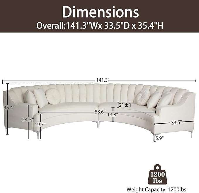 Legend Vansen Semicircle Modular Curved Velvet Sectional Sofa,141.34”Oversized Arc Sofa,Modern Cloud-Like Deep Seat Couch for Living Room Apartment Office Conference Space (2, Cream)