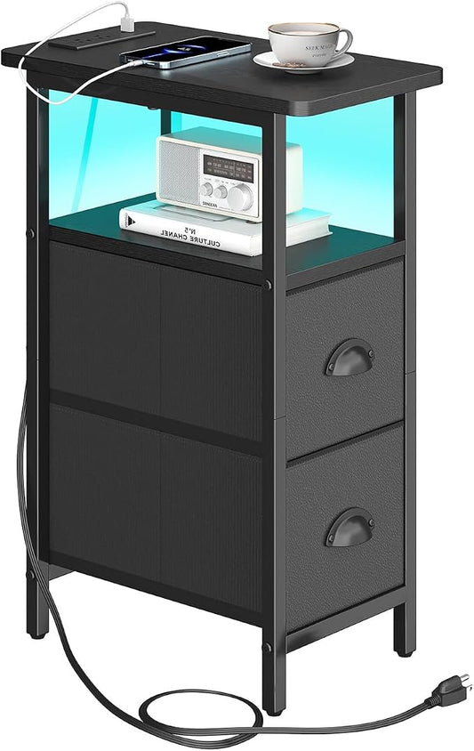 sthmec Narrow End Table with Charging Station, Narrow Side Table with 2 Fabric Drawers, LED End Table, Slim Nightstand with LED Light, Small Side Table for Small Spaces, Living Room, Bedroom, Black